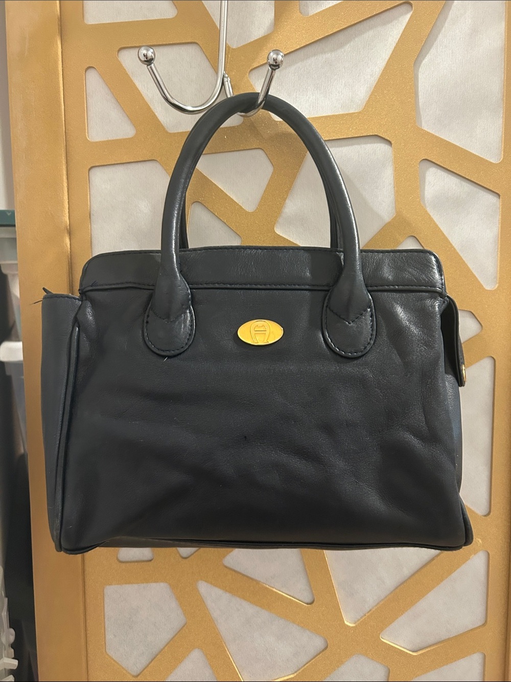 Vintage Classic Etienne Aigner Dark Navy Leather Satchel with Gold Logo